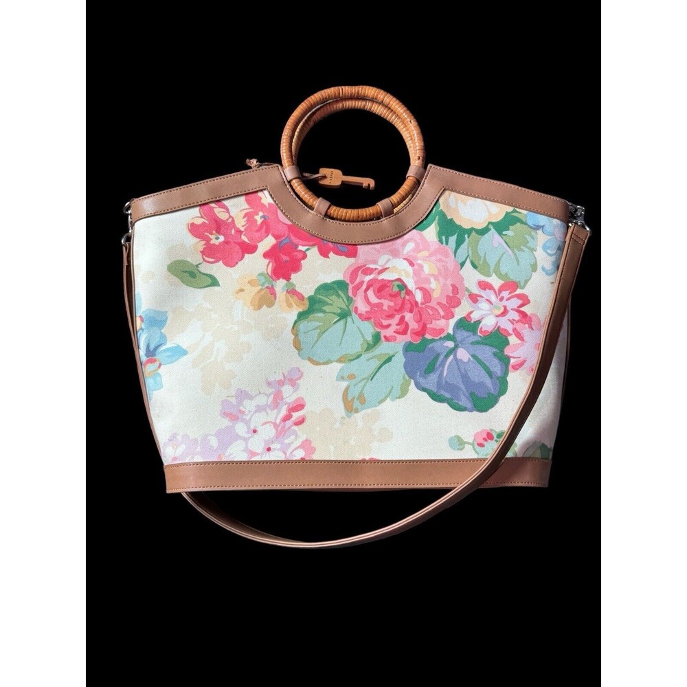 Fossil Multicolor Floral Taupe Bamboo Handles Tote Bag Beach Tropical Vacation